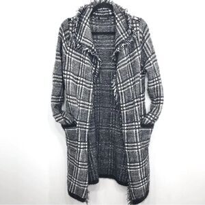 Two Sisters Black White Plaid Fringed Long Cardigan Sweater Coat